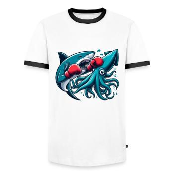 Requin Vs Poulpe Drôles D’animaux - T-shirt contrasté Homme - blanc/noir - Devant - AI Model Female 172 light (172cm) & AI Model Male 178 dark (178cm)