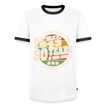 April 1943 geboren - 80 Jahre alt - Männer Kontrast-T-Shirt - Weiß/Schwarz - Vorne - AI Model Female 172 light (172cm) & AI Model Male 178 dark (178cm)