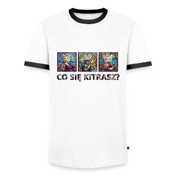 QUE FAIS-TU? - T-shirt contrasté Homme - blanc/noir - Devant - AI Model Female 172 light (172cm) & AI Model Male 178 dark (178cm)