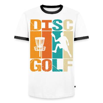 Disc Golf Retro Discgolfspieler - Männer Kontrast-T-Shirt - Weiß/Schwarz - Vorne - AI Model Female 172 light (172cm) & AI Model Male 178 dark (178cm)