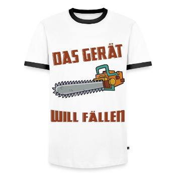 Motorsäge Sägen Man reiche mir das Gerät - Männer Kontrast-T-Shirt - Weiß/Schwarz - Vorne - AI Model Female 172 light (172cm) & AI Model Male 178 dark (178cm)