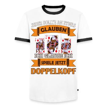Doppelkopf Kartenspieler - Männer Kontrast-T-Shirt - Weiß/Schwarz - Vorne - AI Model Female 172 light (172cm) & AI Model Male 178 dark (178cm)