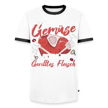 Grillen Fleisch Grillsaision Wer braucht Gemüse? - Männer Kontrast-T-Shirt - Weiß/Schwarz - Vorne - AI Model Female 172 light (172cm) & AI Model Male 178 dark (178cm)