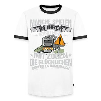 Lockführer Modellbau Manche spielen noch mit Zügen - Männer Kontrast-T-Shirt - Weiß/Schwarz - Vorne - AI Model Female 172 light (172cm) & AI Model Male 178 dark (178cm)