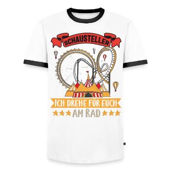 Kirmes Schausteller Ich drehe für euch am Rad - Männer Kontrast-T-Shirt - Weiß/Schwarz - Vorne - AI Model Female 172 light (172cm) & AI Model Male 178 dark (178cm)