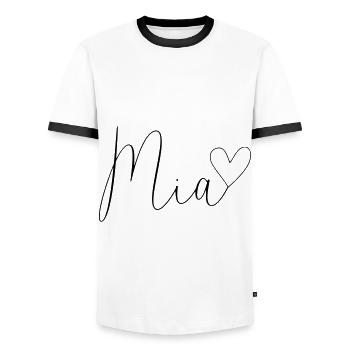 Mia surname First name Girl - Men's Ringer Shirt - white/black - Front - AI Model Female 172 light (172cm) & AI Model Male 178 dark (178cm)
