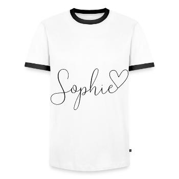 Sophie Last name First name Girl - Men's Ringer Shirt - white/black - Front - AI Model Female 172 light (172cm) & AI Model Male 178 dark (178cm)