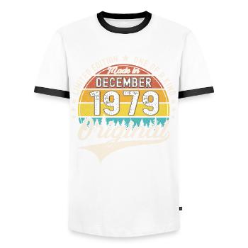 Original December 1979 43rd birthday gift - Men's Ringer Shirt - white/black - Front - AI Model Female 172 light (172cm) & AI Model Male 178 dark (178cm)