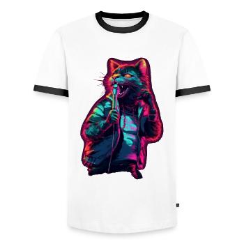 Singende Katze - Männer Kontrast-T-Shirt - Weiß/Schwarz - Vorne - AI Model Female 172 light (172cm) & AI Model Male 178 dark (178cm)