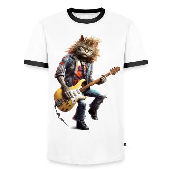 Guitar Playing Cat Hair Metal - Men's Ringer Shirt - white/black - Front - AI Model Female 172 light (172cm) & AI Model Male 178 dark (178cm)