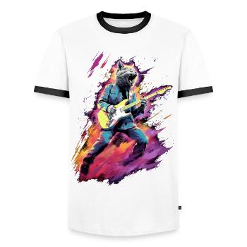 Guitar Playing Cat Rock - Men's Ringer Shirt - white/black - Front - AI Model Female 172 light (172cm) & AI Model Male 178 dark (178cm)