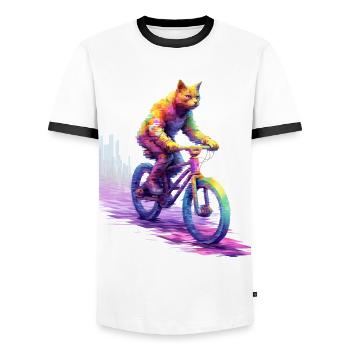 Katze auf Fahrrad, Pixel Art, by NeonCat - Männer Kontrast-T-Shirt - Weiß/Schwarz - Vorne - AI Model Female 172 light (172cm) & AI Model Male 178 dark (178cm)