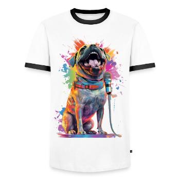 Singing dog with microphone - Men's Ringer Shirt - white/black - Front - AI Model Female 172 light (172cm) & AI Model Male 178 dark (178cm)