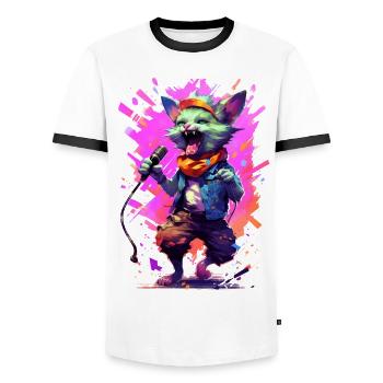 Singing cat with microphone - Men's Ringer Shirt - white/black - Front - AI Model Female 172 light (172cm) & AI Model Male 178 dark (178cm)