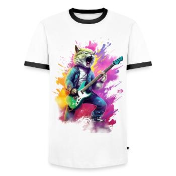 Bass spielende Katze - Männer Kontrast-T-Shirt - Weiß/Schwarz - Vorne - AI Model Female 172 light (172cm) & AI Model Male 178 dark (178cm)