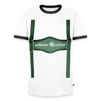 Lederhose Mann - Männer Kontrast-T-Shirt - Weiß/Schwarz - Vorne - AI Model Female 172 light (172cm) & AI Model Male 178 dark (178cm)
