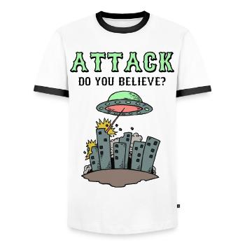 Attack Do you believe? - Men's Ringer Shirt - white/black - Front - AI Model Female 172 light (172cm) & AI Model Male 178 dark (178cm)