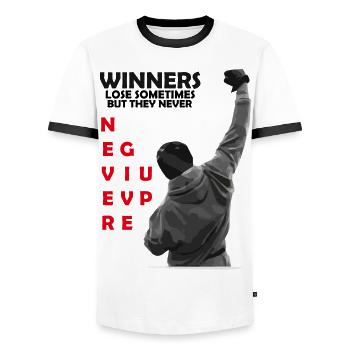 Gewinner geben niemals auf! Motivations-Shirt - Männer Kontrast-T-Shirt - Weiß/Schwarz - Vorne - AI Model Female 172 light (172cm) & AI Model Male 178 dark (178cm)