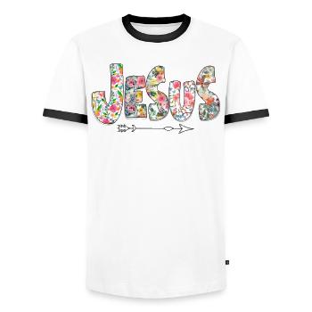 Jesus Glaube - Männer Kontrast-T-Shirt - Weiß/Schwarz - Vorne - AI Model Female 172 light (172cm) & AI Model Male 178 dark (178cm)
