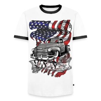 Deep Fast V8 Truck Oil smells Handmade 1949 - Men's Ringer Shirt - white/black - Front - AI Model Female 172 light (172cm) & AI Model Male 178 dark (178cm)
