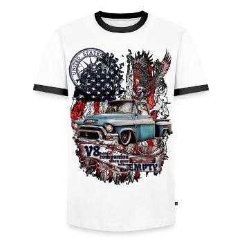 Legendary V8 truck on American flag eagle - Men's Ringer Shirt - white/black - Front - AI Model Female 172 light (172cm) & AI Model Male 178 dark (178cm)