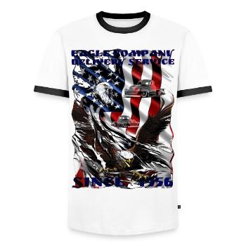 Supplier employees with a V8 Truck Adler - Men's Ringer Shirt - white/black - Front - AI Model Female 172 light (172cm) & AI Model Male 178 dark (178cm)