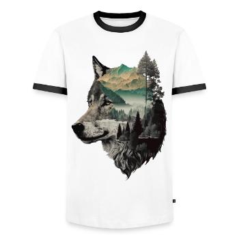 Wolf Wolfskopf Natur Wildnis Wald Bäume Kunst - Männer Kontrast-T-Shirt - Weiß/Schwarz - Vorne - AI Model Female 172 light (172cm) & AI Model Male 178 dark (178cm)