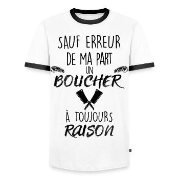 Un Boucher A toujours raison Humour Homme - T-shirt contrasté Homme - blanc/noir - Devant - AI Model Female 172 light (172cm) & AI Model Male 178 dark (178cm)