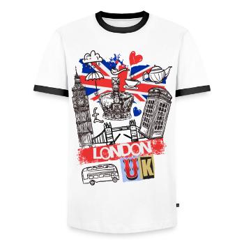 London England UK Stadt Skyline Cartoon Gezeichnet - Männer Kontrast-T-Shirt - Weiß/Schwarz - Vorne - AI Model Female 172 light (172cm) & AI Model Male 178 dark (178cm)
