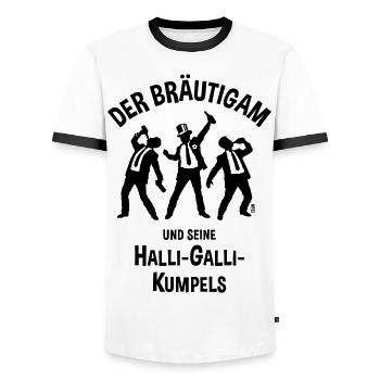 Der Bräutigam Und Seine Halli-Galli-Kumpels, JGA B - Männer Kontrast-T-Shirt - Weiß/Schwarz - Vorne - AI Model Female 172 light (172cm) & AI Model Male 178 dark (178cm)