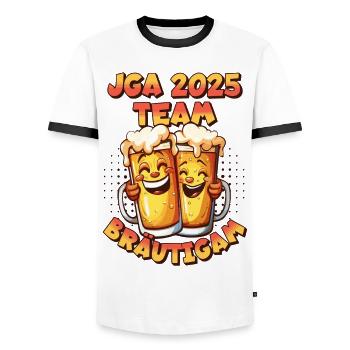 Bachelor Party 2025 Team Groom Beer Alcohol Booze Funny - Men's Ringer Shirt - white/black - Front - AI Model Female 172 light (172cm) & AI Model Male 178 dark (178cm)