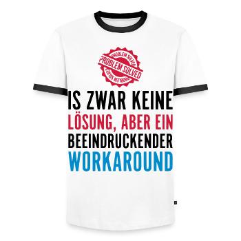 KEINE LÖSUNG, ABER EIN BEEINDRUCKENDER WORKAROUND - Männer Kontrast-T-Shirt - Weiß/Schwarz - Vorne - AI Model Female 172 light (172cm) & AI Model Male 178 dark (178cm)