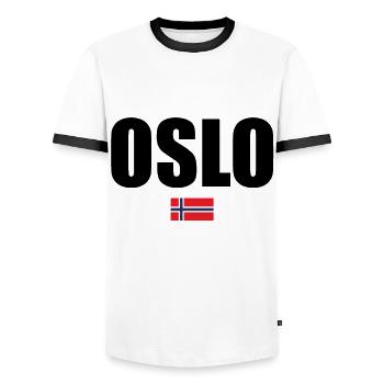 Norway Oslo Travel Souvenir Gift Idea - Men's Ringer Shirt - white/black - Front - AI Model Female 172 light (172cm) & AI Model Male 178 dark (178cm)