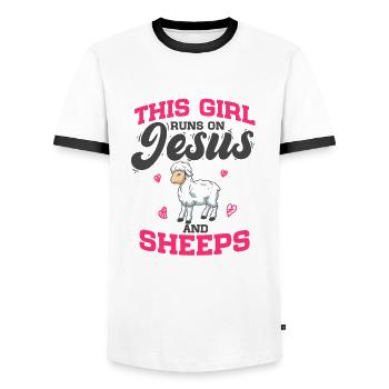 Des brebis que cette fille court sur Jésus et des brebis - T-shirt contrasté Homme - blanc/noir - Devant - AI Model Female 172 light (172cm) & AI Model Male 178 dark (178cm)