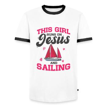 Sail Sailor This Girl Runs On Jesus And Sailing - Men's Ringer Shirt - white/black - Front - AI Model Female 172 light (172cm) & AI Model Male 178 dark (178cm)