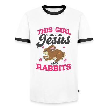 Lapin Lapin Cette Fille Court Sur Jésus Et les Lapins - T-shirt contrasté Homme - blanc/noir - Devant - AI Model Female 172 light (172cm) & AI Model Male 178 dark (178cm)