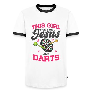 Dartspieler This Girl Runs On Jesus And Darts - Männer Kontrast-T-Shirt - Weiß/Schwarz - Vorne - AI Model Female 172 light (172cm) & AI Model Male 178 dark (178cm)