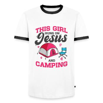 Campen Cette fille court sur Jésus et camping - T-shirt contrasté Homme - blanc/noir - Devant - AI Model Female 172 light (172cm) & AI Model Male 178 dark (178cm)