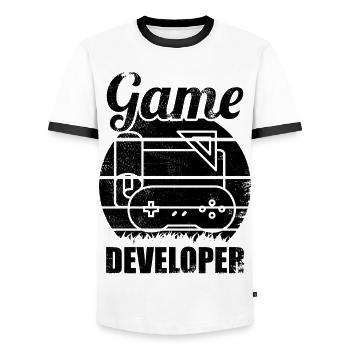 Funny game developer - Men's Ringer Shirt - white/black - Front - AI Model Female 172 light (172cm) & AI Model Male 178 dark (178cm)