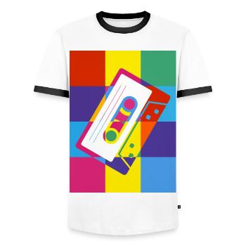 Retro Cassette Tape Pop Art Illustration - Men's Ringer Shirt - white/black - Front - AI Model Female 172 light (172cm) & AI Model Male 178 dark (178cm)