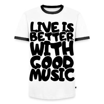 Life is better with # - Men's Ringer Shirt - white/black - Front - AI Model Female 172 light (172cm) & AI Model Male 178 dark (178cm)
