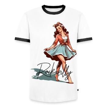 Rockabilly Style Outfit Woman Barefoot Retro Gift - Men's Ringer Shirt - white/black - Front - AI Model Female 172 light (172cm) & AI Model Male 178 dark (178cm)