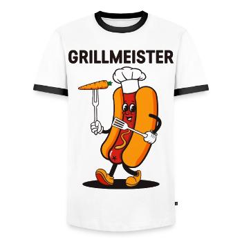Grillmeister Funny BBQ Hot Dog Mascot - Men's Ringer Shirt - white/black - Front - AI Model Female 172 light (172cm) & AI Model Male 178 dark (178cm)