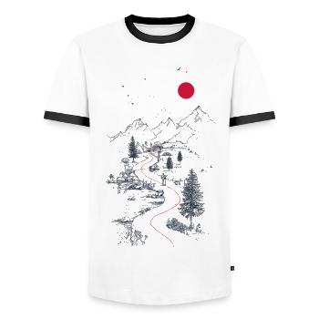 Red trail through mountain landscape - Men's Ringer Shirt - white/black - Front - AI Model Female 172 light (172cm) & AI Model Male 178 dark (178cm)