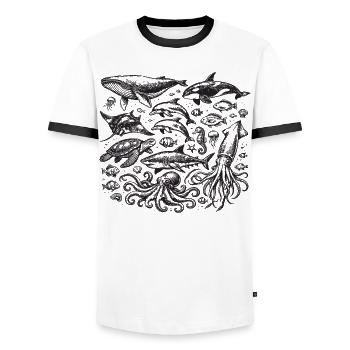 Vintage Ocean: Sea Animal Engraving - Men's Ringer Shirt - white/black - Front - AI Model Female 172 light (172cm) & AI Model Male 178 dark (178cm)