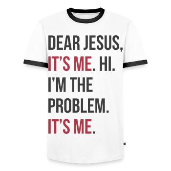 I Am the Problem – Self-Ironic Typo - Men's Ringer Shirt - white/black - Front - AI Model Female 172 light (172cm) & AI Model Male 178 dark (178cm)