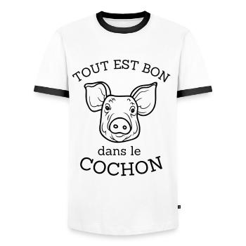 T-shirt tout est bon dans le cochon cadeau - T-shirt contrasté Homme - blanc/noir - Devant - AI Model Female 172 light (172cm) & AI Model Male 178 dark (178cm)