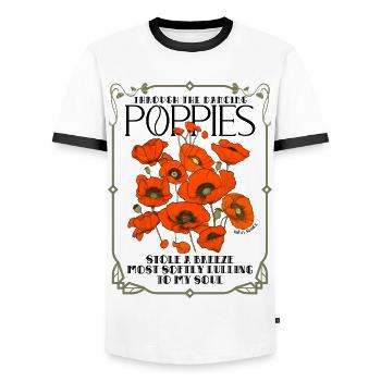 Poppy flower art deco style with poetry quote - Men's Ringer Shirt - white/black - Front - AI Model Female 172 light (172cm) & AI Model Male 178 dark (178cm)
