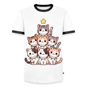 Christmas Cat Tree with Lights - Men's Ringer Shirt - white/black - Front - AI Model Female 172 light (172cm) & AI Model Male 178 dark (178cm)