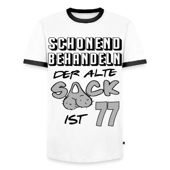 Geburtstag 77 Schonend behandeln Alter Sack ist - Männer Kontrast-T-Shirt - Weiß/Schwarz - Vorne - AI Model Female 172 light (172cm) & AI Model Male 178 dark (178cm)